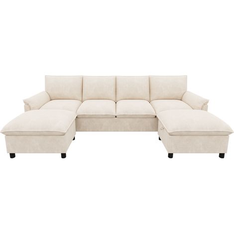 Sofá modular en U de chenilla beige con 2 pufs movibles y respaldo alto 264,5 x 142,5 x 84 cm (1/5)