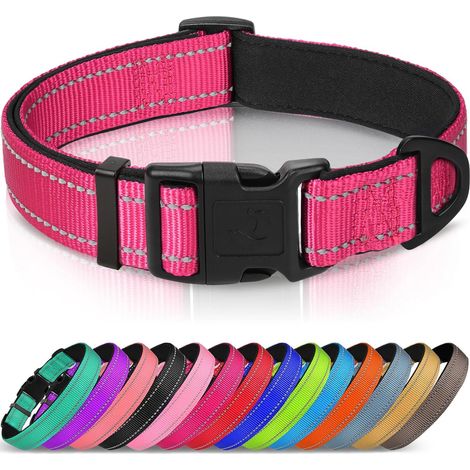 Shine Home Collier pour chien avec boucle de sécurité, collier réfléchissant ajustable avec rembourrage en néoprène doux, collier de sécurité pour petits chiens, taille L, rose vif (1/5)