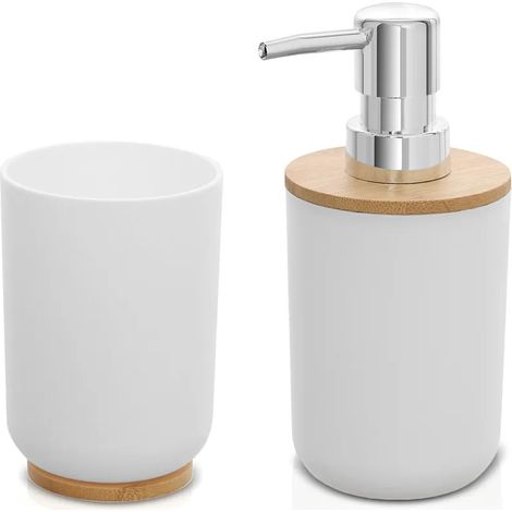 Set accessori bagno dispenser e portaspazzolini da appoggio bianco abs e bambù Surf