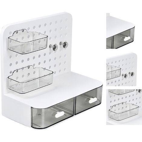 Organiseur Bureau à Pegboard Multifunctionnel, Rangement Compact Plastique Blanc avec Cases pour Accessoires et Élastiques (1/5)