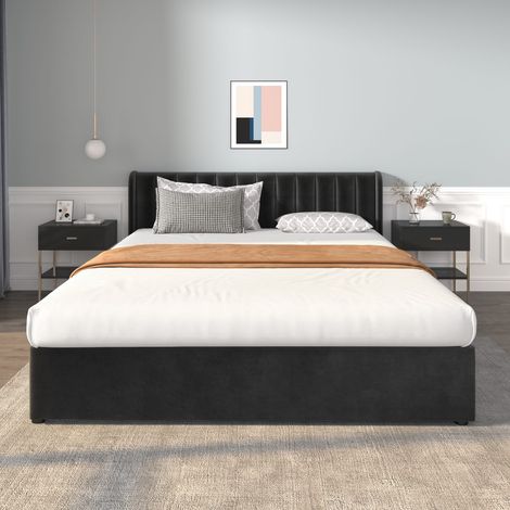 Lit coffre 180x200 cm en velours noir avec sommier, tête de lit et 2 tiroirs (1/5)