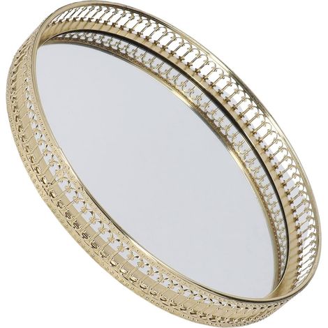Plateau Miroir Décoratif en Verre pour Salle de Bain, Plateau de Maquillage, doré, Taille Compacte pour Le Rangement, à Parfum de Style Rétro, Métal Poli pour Le Bureau, la Maison'-'-