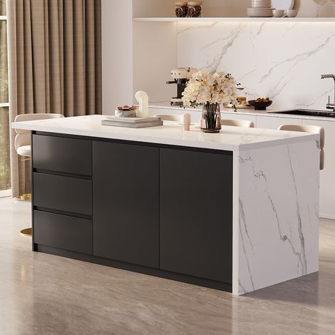 Îlot central de cuisine Blanc mat / noir 183 cm – Grand plan de travail – Rangements avec tiroirs, placards et étagères – Meuble multifonction pour cuisine et salle à manger