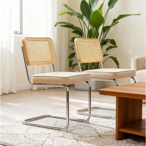 REDOM - Lot de 4 chaises de sala da pranzo in tessuto e rattan beige, design moderno, impilabili, piedi in cromo (1/5)