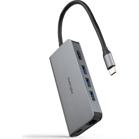 Nanocable Hub USB-C 8-in-1, convertitore da USB-C 3.1 a 3xUSB-A 3.0 + HDMI 4K@60Hz + USB-C PD + RJ45 1Gbps + TF + SD, alluminio, grigio, 18 cm