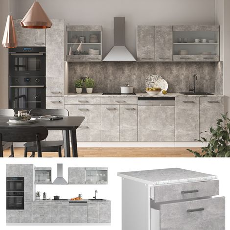 Ligne de cuisine R-Line, Béton/blanc, 350 cm avec armoire haute, PT Anthracite, Vicco