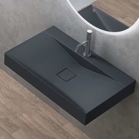 doporro Vasque à Poser 80cm avec Bonde Lavabo Suspendu Gris Noir Mat Colossum810 Fonte Minérale Solid Surface 80x48x12cm