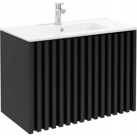 Waschtisch mit Waschbecken – Mattschwarz – 80 cm – 3D-Lamellen – Badezimmermöbel