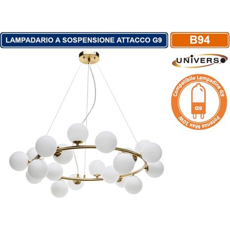 LAMPADARIO LED A SOSPENSIONE IN METALLO DI COLORE BRONZO DOTATO DI 15 SFERE IN VETRO DA 10CM CON ATTACCO G9 MAX 150W
