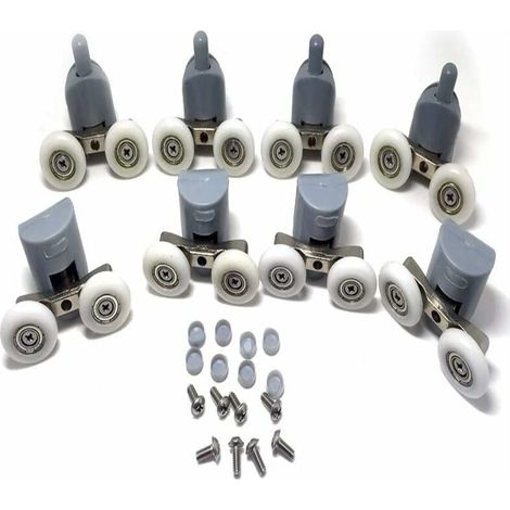 8 ruedas giratorias dobles ajustables con guías/poleas/ruedas de repuesto para puertas de ducha de baño (4 superiores y 4 inferiores) (rueda doble) (1/5)