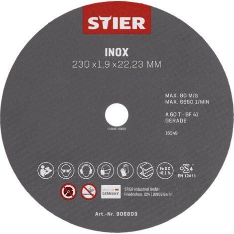 Disque à tronçonner STIER 230 x 1,9 x 22,23 droit, inox/acier inoxydable 25 pièces
