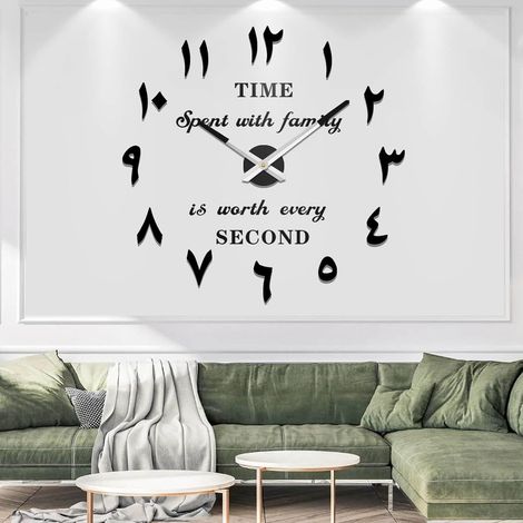 Pendule Murale 3D Chiffres Arabes Géante au Design Moderne Horloge Murale pour La Chambre Cuisine Bureau Hôtel Cadeau (Noir Argenté) (1/5)