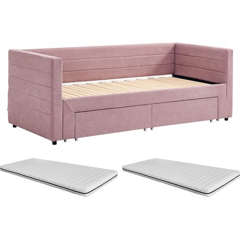 Letto a scomparsa 2x80x200cm Con rete a doghe e cassetti Tessuto testurizzato Rosa + Materasso - CAMITY (1/5)