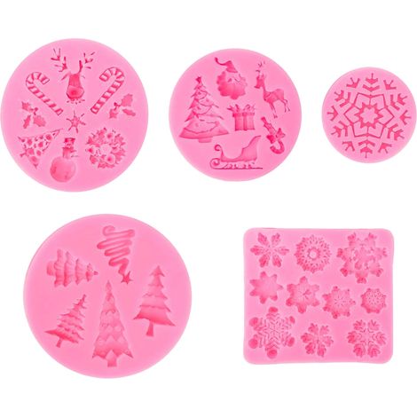 Lot de 5 moules à fondant de Noël (flocons de neige, sapin, rennes, Père Noël), moules en silicone pour bonbons et chocolat, outils de pâtisserie pour anniversaires, Nouvel An et décoration de gâteaux
