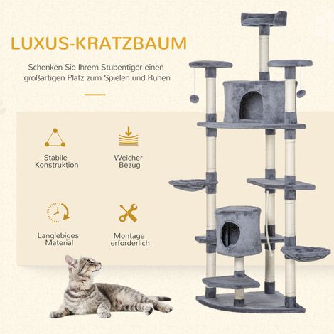 Arbre à chat gris clair avec 2 hamacs, 2 cabanes, jouets inclus, corde en sisal et peluche