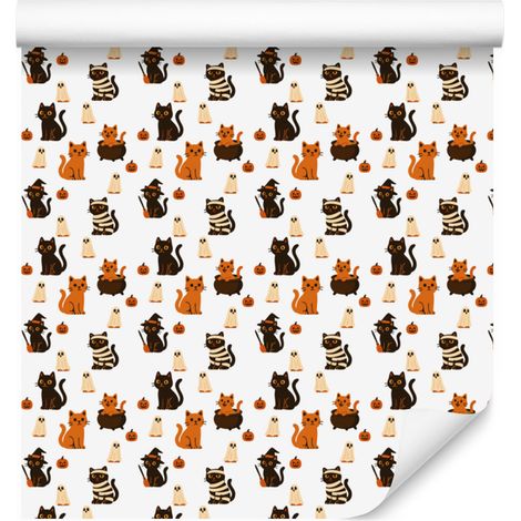 Papel pintado de gatos en blanco y crema para salón y dormitorio, 50x1000 cm. (1/5)