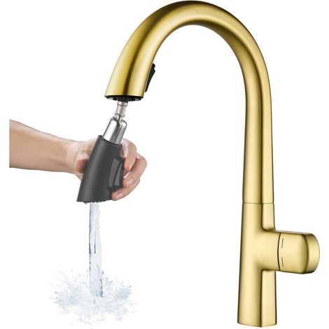Flexible Robinet Cuisine Or Brossé, Mitigeur Cuisine Avec Douchette, Rotation à 360°, Arc Haut, 2 Modes De PulvéRisation, Robinet Evier De Cuisine En Laiton (1/5)