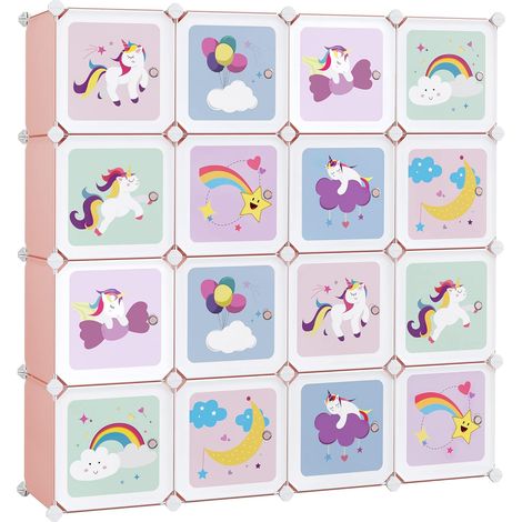 Songmics – Meuble de rangement enfant 16 cubes – Armoire modulable en plastique PP – Dimensions 123 x 31 x 123 cm – Couleur rose – LPC906P01