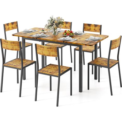 Tisch und Stuhlset Bealife Esstisch Küchentisch Set mit 6 Stühlen 1 Ausziehbaren Esstisch mit Metallrahmen für Wohnzimmer Esszimmer Küche Vintage 140 x 70 x 77 cm