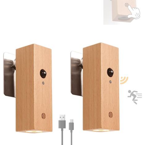 Applique Murale avec Detecteur de Mouvement Sans Fil Rechargeable USB Réglage 360° Pivotant Tactile Luminaire Mural LED Intérieure Chambre Lampe Murale Chevet Bois pour Chambre Salon (2 Pièces) [Class (1/5)