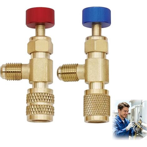 2 Pcs Réfrigérant Valve de Sécurité R32 R22, Vanne de Débit de Climatisation pour Adaptateurs Raccords R22 R32, Adaptateur de Valve Réfrigérant en Laiton et Aluminium pour Recharge Clim (1/5)