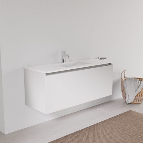 Inda - Badezimmerschrank mit 1 Schublade, L. 120, mit quadratischem Waschbecken – weißer Ledereffekt (1/5)