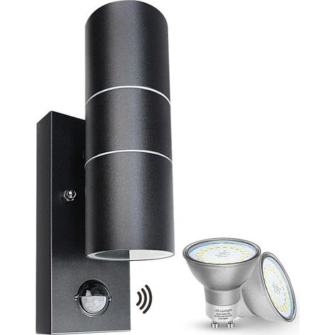 Applique murale d'extérieur avec détecteur de mouvement PIR LED IP44 en Noir avec 2 ampoules GU10 5 W Blanc chaud/3000k (1/5)