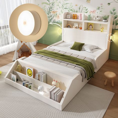 Lit enfant 90x200 cm, avec veilleuses magnétiques, étagère amovible et sommier à lattes, bois, blanc (1/5)