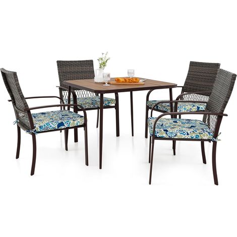 Costway – Ensemble de repas d'extérieur 5 pièces – 4 fauteuils en rotin PE avec coussins – Table carrée 80x80cm avec trou pour parasol – Structure métallique renforcée (1/5)