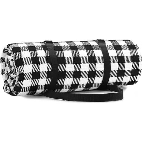 Couverture de pique-nique 200 x 300 cm avec support imperméable, grand tapis de plage pliable portable, noir/blanc (1/5)