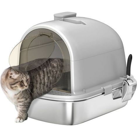 Tray to litter for cat in stainless steel with cover, bag deodorizer, shovel, easy to clean, 52,4 x 41,3 x 39,9 cm, gray (1/5)