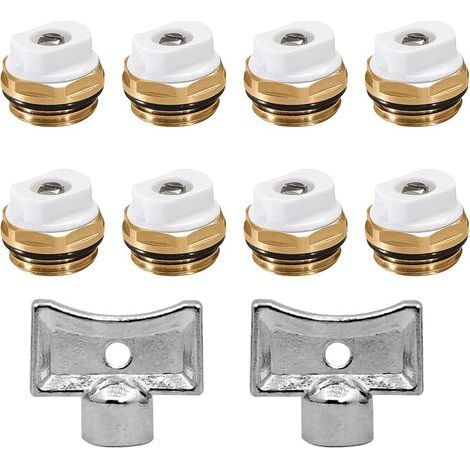 Lot de 8 valves de purge de radiateur en laiton 1/2" avec 2 clés de purge - Valve de chauffage manuelle - Buse d'échappement (1/5)