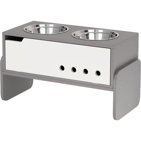 Station d'alimentation surélevée pour chiens, avec espace de rangement et tapis anti-avalement, 2 gamelles de 2000 ml en acier inoxydable, grise