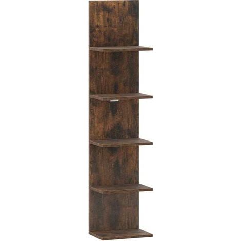 Étagère murale 5 niveaux bois brun avec panneaux épais et équerres métalliques, rangement vertical pour salon et salle de bain (1/5)