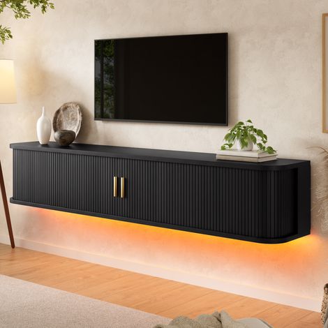 Meuble TV 175 x 30 x 30 cm avec étagères réglables et LED connectée, rangement multimédia pour salon, MDF, noir (1/5)
