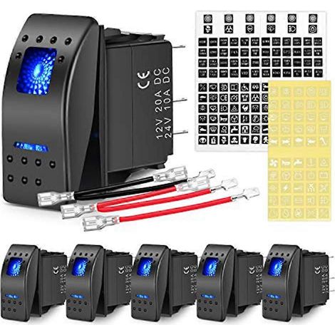 Interrupteur à bascule unipolaire unidirectionnel à 5 broches, 20 A/12 V/10 A/24 V, interrupteur pour yacht, 5 broches, compatible avec camions, bateaux, voitures et motos, paquet de 6. (1/5)