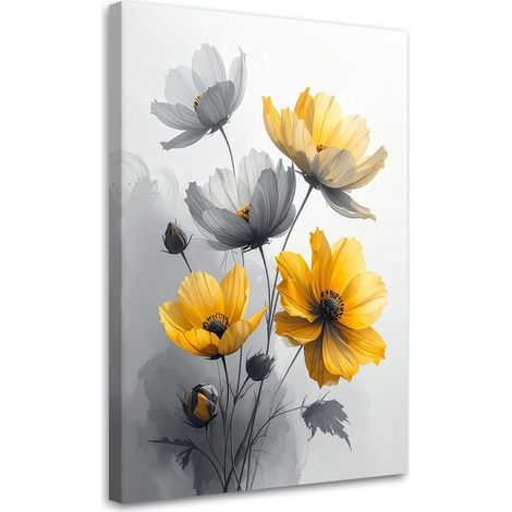 Tableau Moderne, Fleurs botaniques grises et jaunes,20x30 (1/4)
