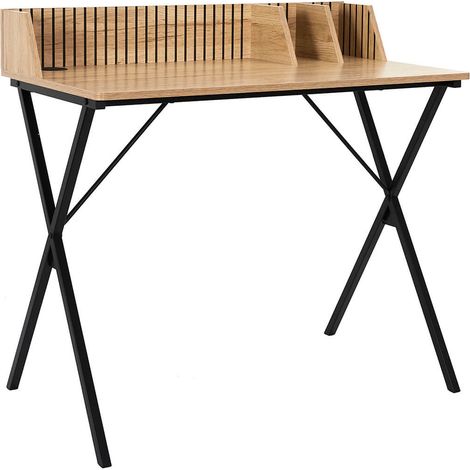 Altobuy – Bureau droit avec petits rangements – Effet bois – Dimensions 90 x 50 x H84,5 cm – Panneaux MDF et pin massif – Style Japandi (1/5)
