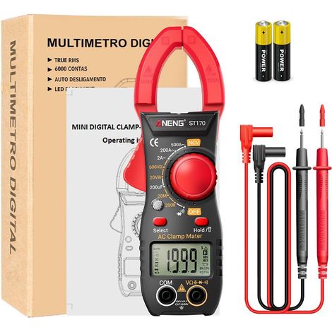 Pinza amperimétrica, CA/CC CAT III 600 V, amperímetro de corriente CA: 0-500 A, valor eficaz verdadero, 2000 cuentas, pinza amperimétrica de rango automático, mide continuidad, capacitancia y voltaje.
