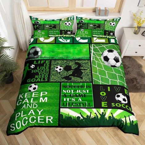 Parure de lit football 155x220cm vert microfibre pour enfants impression 3D