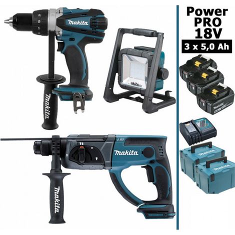 Pack Makita Power PRO 18V: Perceuse 91Nm DDF458 + Perfo 2J DHR202 + Lampe de chantier Led 750lm + 3 batt 5Ah + 2 coffrets (1/4)