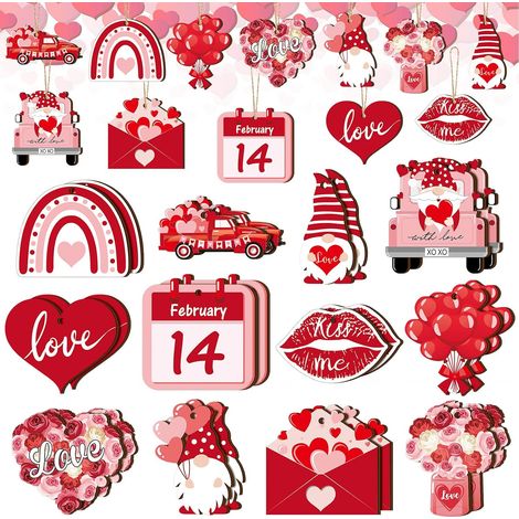 24 ornamenti in legno da appendere - gnomi a forma di cuore - ornamenti di San Valentino con cordini - bellissimo design per la decorazione dell'albero di Natale (1/5)