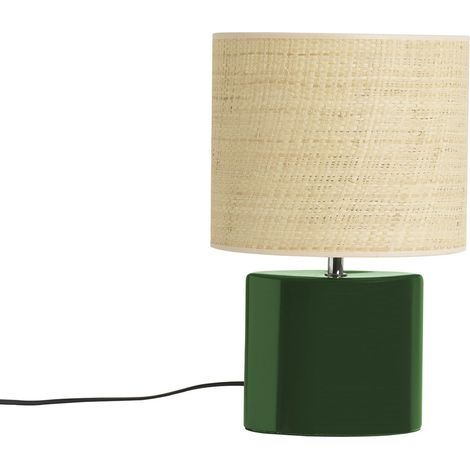 Lámpara de mesa de cerámica verde oscuro con pantalla de rafia natural 40 cm TIGA