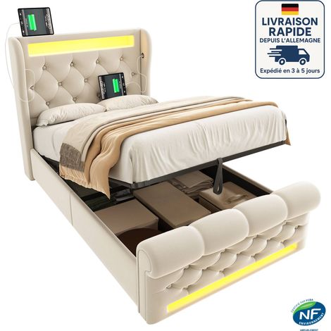 Canapé tapizado 90x200cm - Con iluminación LED - Cabecero con puertos USB y Tipo C - Canapé hidráulico - Terciopelo - Beige (1/5)