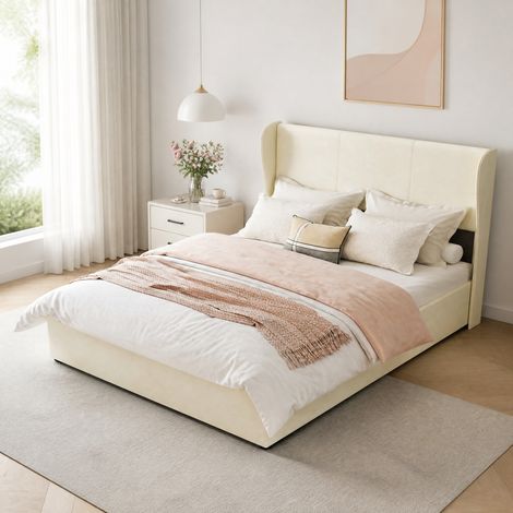 Lit double 140x200 cm en bois et tissu beige, coffre relevable, gain de place – MEUBLIV (1/5)