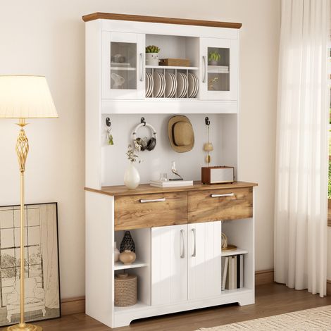 Aparador de cocina con espacio de almacenamiento, mueble de cocina con compartimentos con frente de vidrio, 2 cajones, puertas y barra para colgar ropa, aparador para cocina, comedor y recibidor. (1/5)