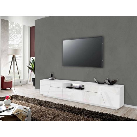 Dmora Mueble TV para salón, Made in Italy, Mueble TV con 4 puertas geométricas y 1 cajón, 220x43h46 cm, blanco brillante, con embalaje reforzado (1/5)