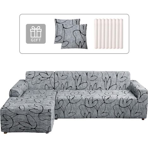 Housse de Canapé d'angle Extensible 2 Pièces Housse de Canapé avec Accoudoirs Convertible avec Deux Taies d'oreiller Couverture de Canapé d'angle Forme de L Revêtement Canapé,Fleur Grise (1/5)