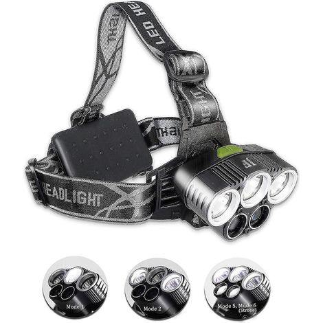 Lampe frontale USB étanche à 5 LED et 6 modes d'éclairage - 15 000 lumens - Portée 200-500 m - Idéale pour le camping, le jogging, le vélo, la pêche, la randonnée et les interventions d'urgence (2 bat (1/2)