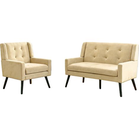 Juego de 2 sillones tapizados beige con espuma de alta densidad, patas de madera y protectores (1/5)